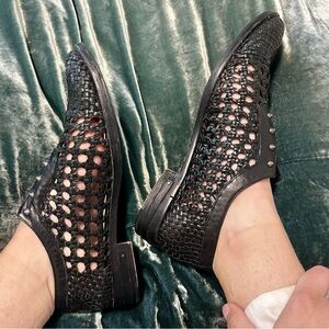 Size 8 Freda Salvador woven leather loafers. Black with silver spikes on tongue.